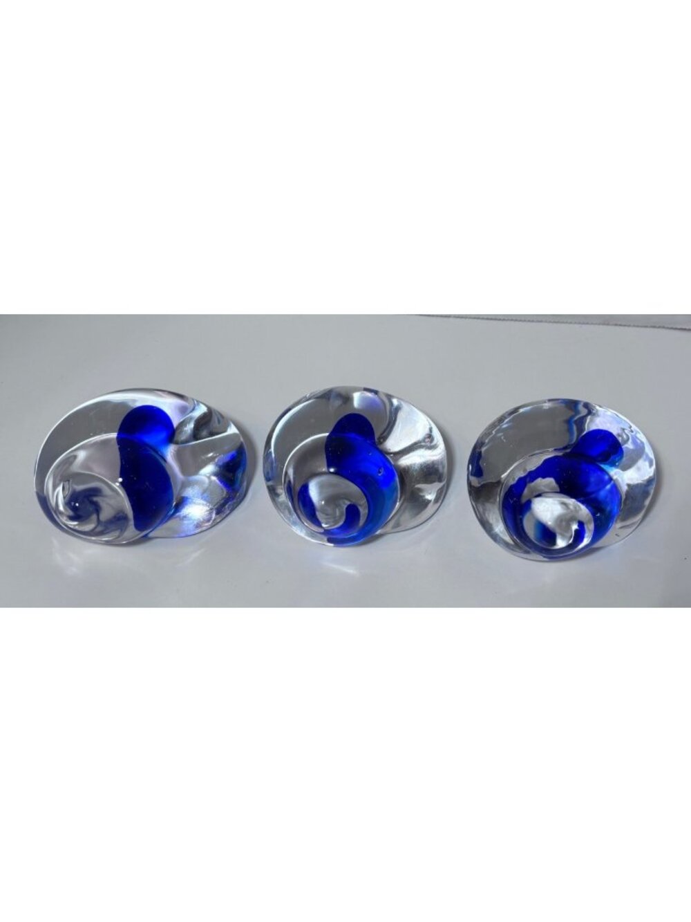 Set Of 3 Handblown Clear & Blue Glass Shell Shaped Paperweights